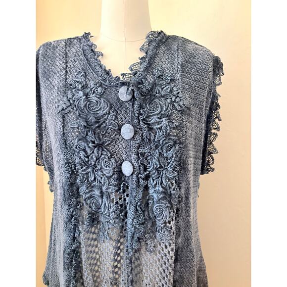 80s VTG Chorisia Italy Crochet Knit Boho Tunic Vest Blue/Gray Floral Lace M/L - Picture 3 of 6